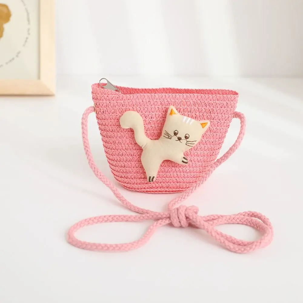 Mini bolso de paja tejido a mano, monedero bonito con cremallera, bolsos de mensajero para niños, accesorios para fotos de gato de dibujos animados, bolso cruzado