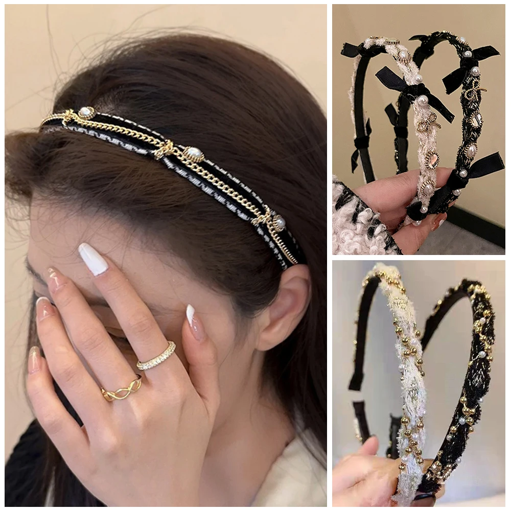 

Vintage Pearl Rhinestone Headband Versatile Hairhoop Fashion Temperament woman Hair Accessories Thousand bird grid headband