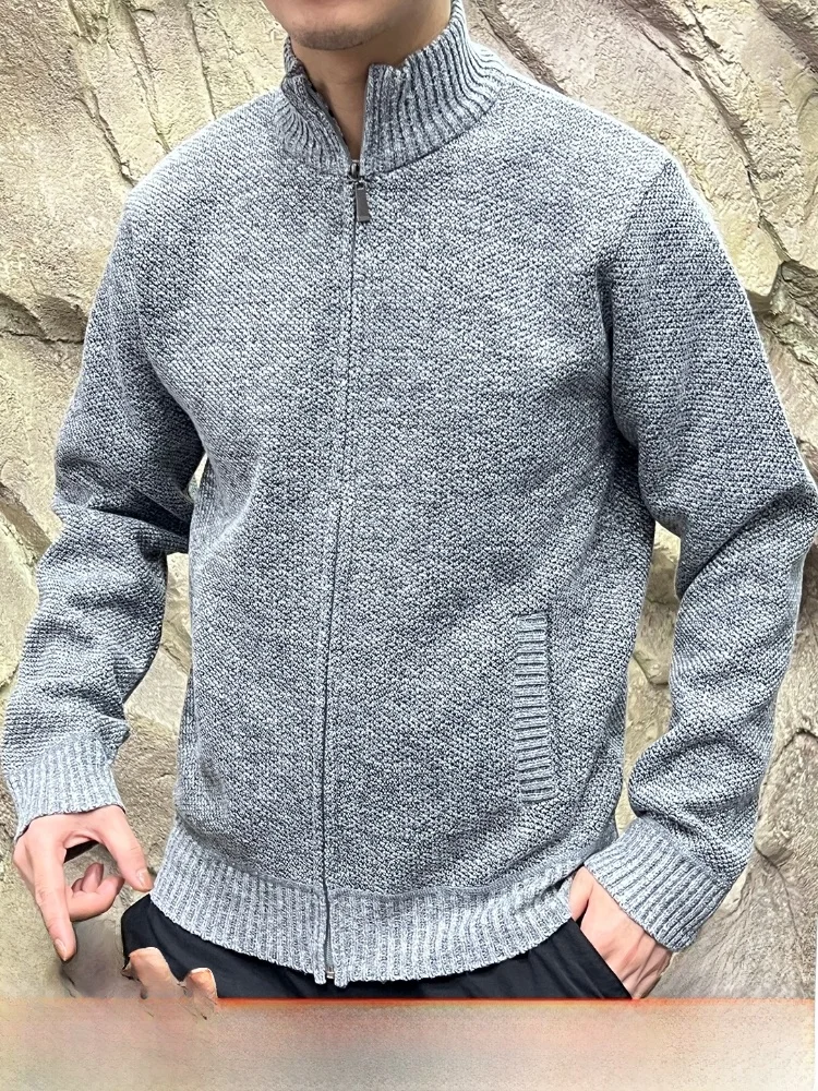 

Outdoor Men's Knitted Fce Lined Stand Collar Cardigan Jaet Floral Patterned Soft Polyester Inner Fabric Long Sve