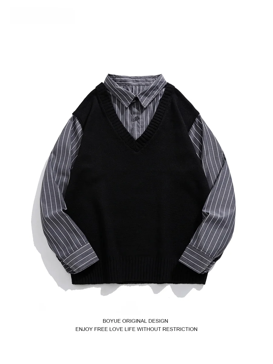 

Мужской вязаный свитер Boyue Ins в клетку с эффектом двухслойности, в стиле ретро, для уличной моды, осенний, повседневный, свободного кроя