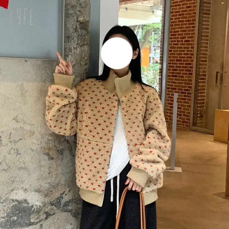 Influenceur Ins Vintage coréen paresseux Style col montant à pois Patch ample décontracté polaire épaissi manteau femmes tenue décontracté