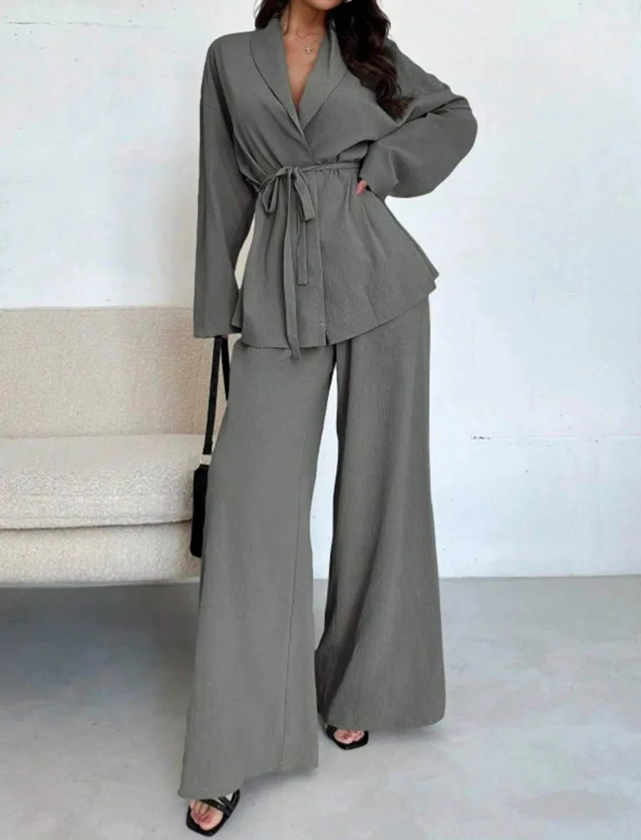 

Женские офисные брючные костюмы, однотонные топы с длинными рукавами и v-образным вырезом с поясом и широкие брюки с высокой талией