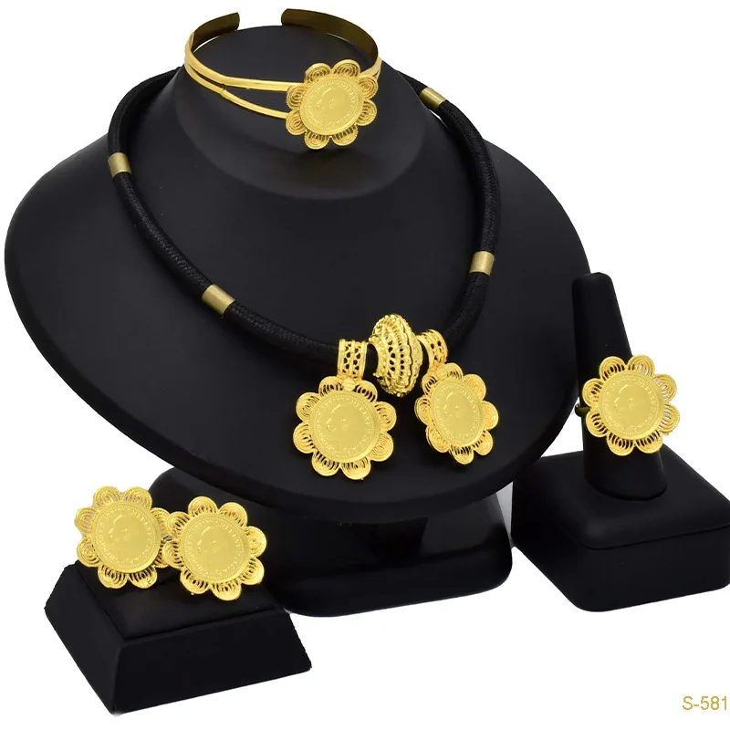New Middle East Dubai Alloy Jewelry Set Four Piece Black Rope Long Necklace Pendant Coin African Bride Wedding Jewelry DD10282