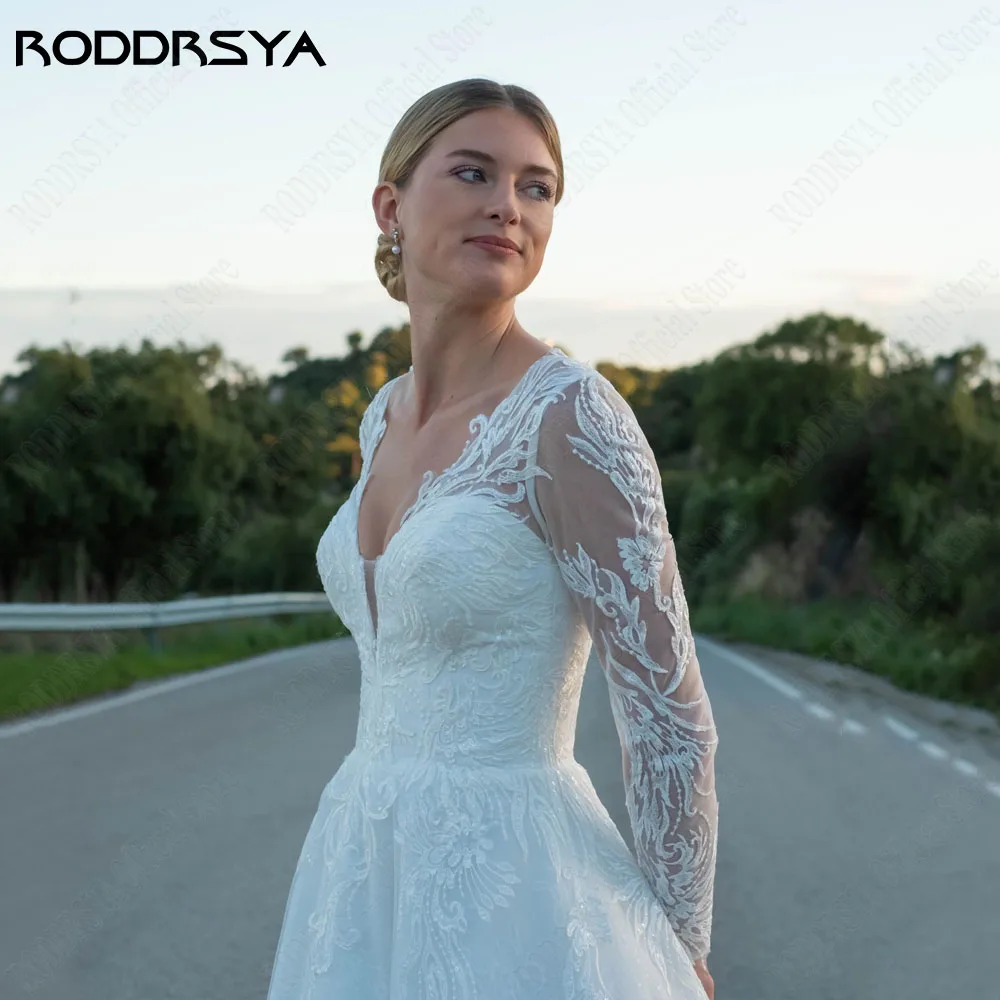 RODDRSYA Boho Illusion Wedding Gowns 2024 A-Line V-Neck Long Sleeves Bride Gowns Button Back Applique Tulle Bridal Dress