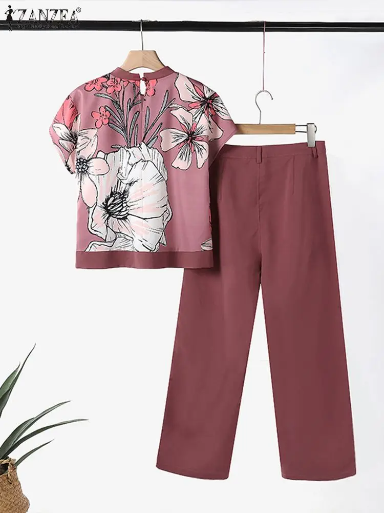 ZANZEA Solid Trouser 2024 Summer Pant Sets Fashion Casual Short Sleeve Floral Blouse 2pcs Outfits Work Women Tracksuits