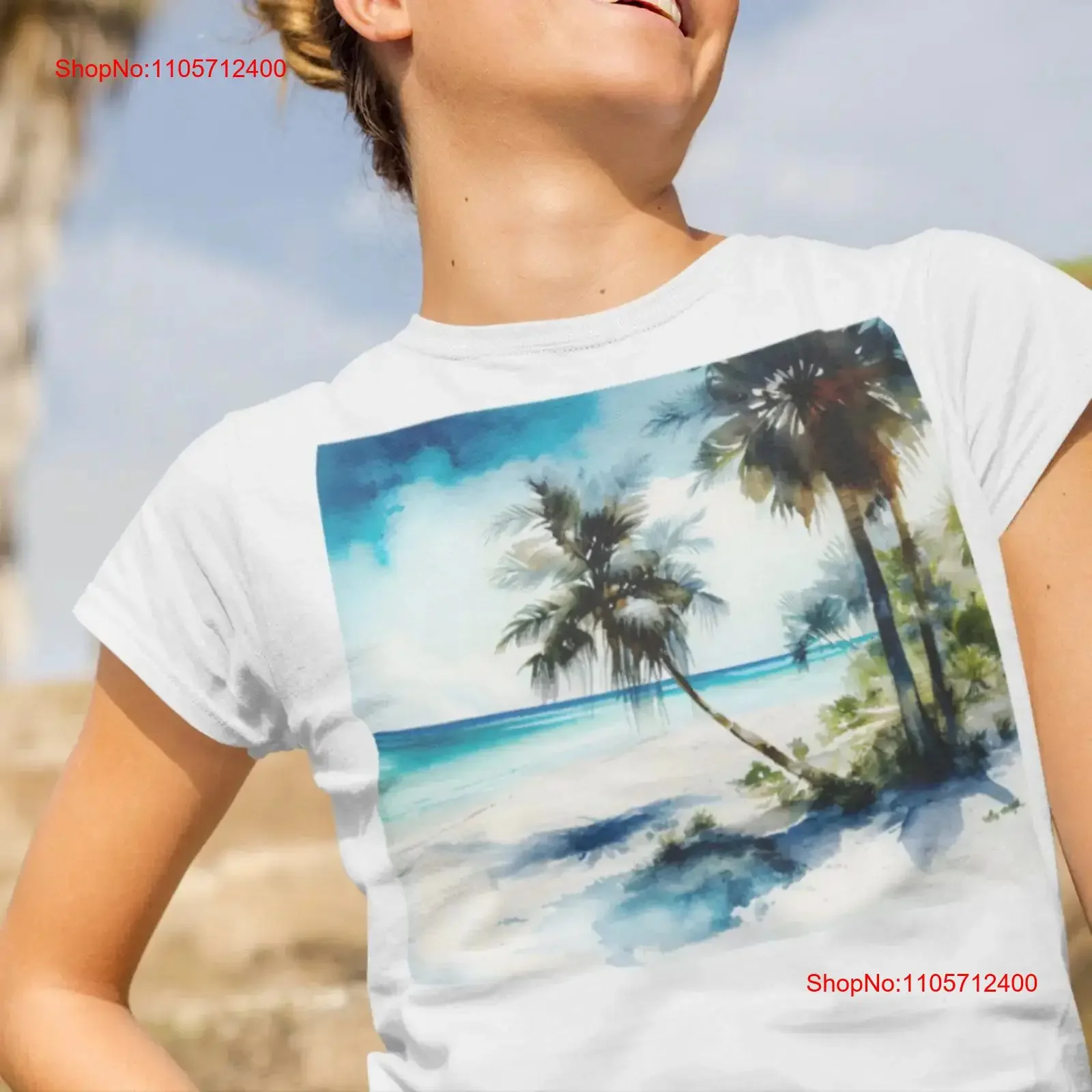 Tropical Paradise T shirt Palm Trees on White Sandy Beach with Ocean View vintage Washed Top For Everyday Wear Stylish Soft