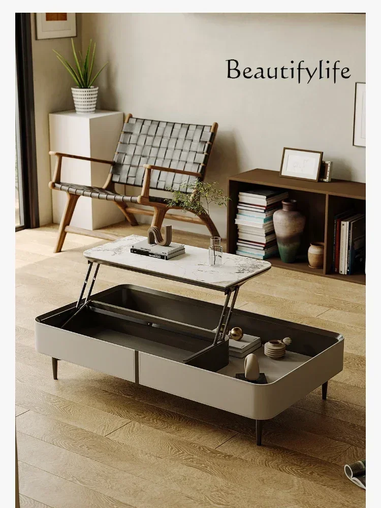 

Whole house furniture Saddle Leather Rectangular Tea Table Foldable Eight-Immortal Table Living Room High-End Stone Plate Liftin
