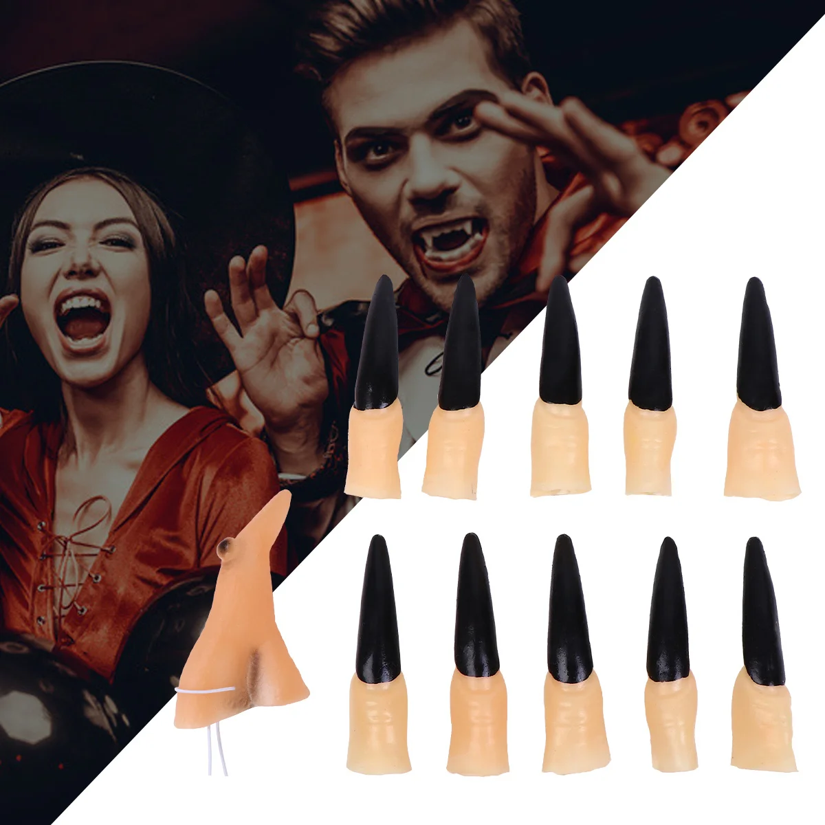 

11pcs Fake Nose Makeup Props Witch Fingers Nail Set Halloween Party Decor Zombie Witch Fake Nails Masquerade Role Play Novelty