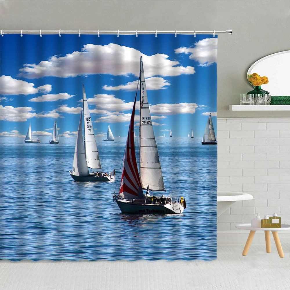 

Sailboat Ocean Landscape Shower Curtain Big Ferry Small Wooden Boat Blue Sky Bathroom Decor Summer Sea Scenery Fabric Curtains