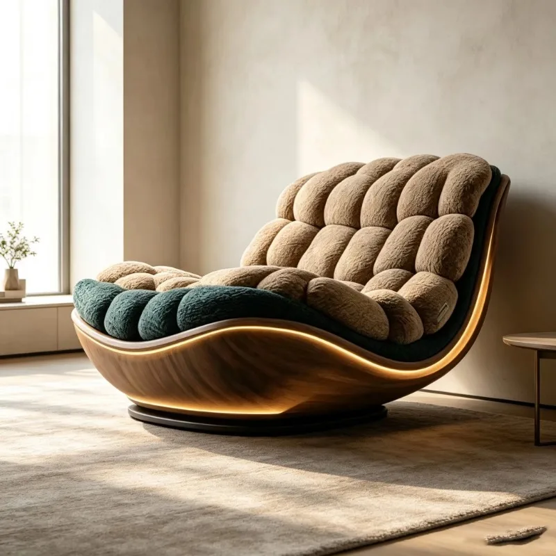 Modern Fabric Rocking Chair Curved Solid Wood Frame Leisure Revolving Lounge