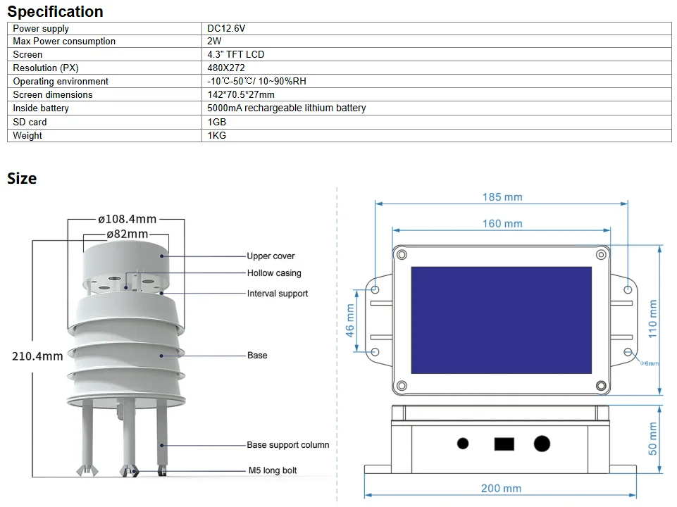 Temperature Humidity Noise PM2.5 Pressure Light Rainfall Ultrasonic Weather Station with Portable display