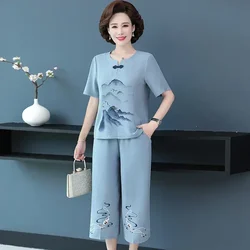 Two Piece Sets Womens Outifits Conjunto Feminino Plus Size Blouse+pants Landscape Printed Round Neck Button Wide Leg Pants