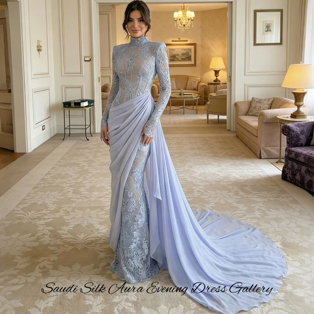 Classic Long Sleeves High Collar Evening Dress Customized Mermaid Appliques Celebrity Gowns High Quality Lace Vestido De Festa image 4