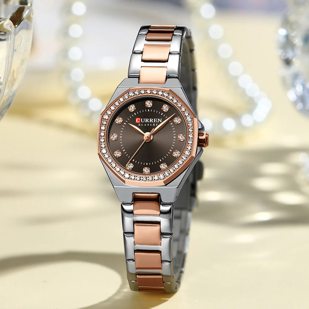 Reloj elegante de lujo CURREN para mujer, relojes de pulsera de cuarzo simples con diamantes de imitación brillantes, pulsera de acero inoxidable resistente al agua