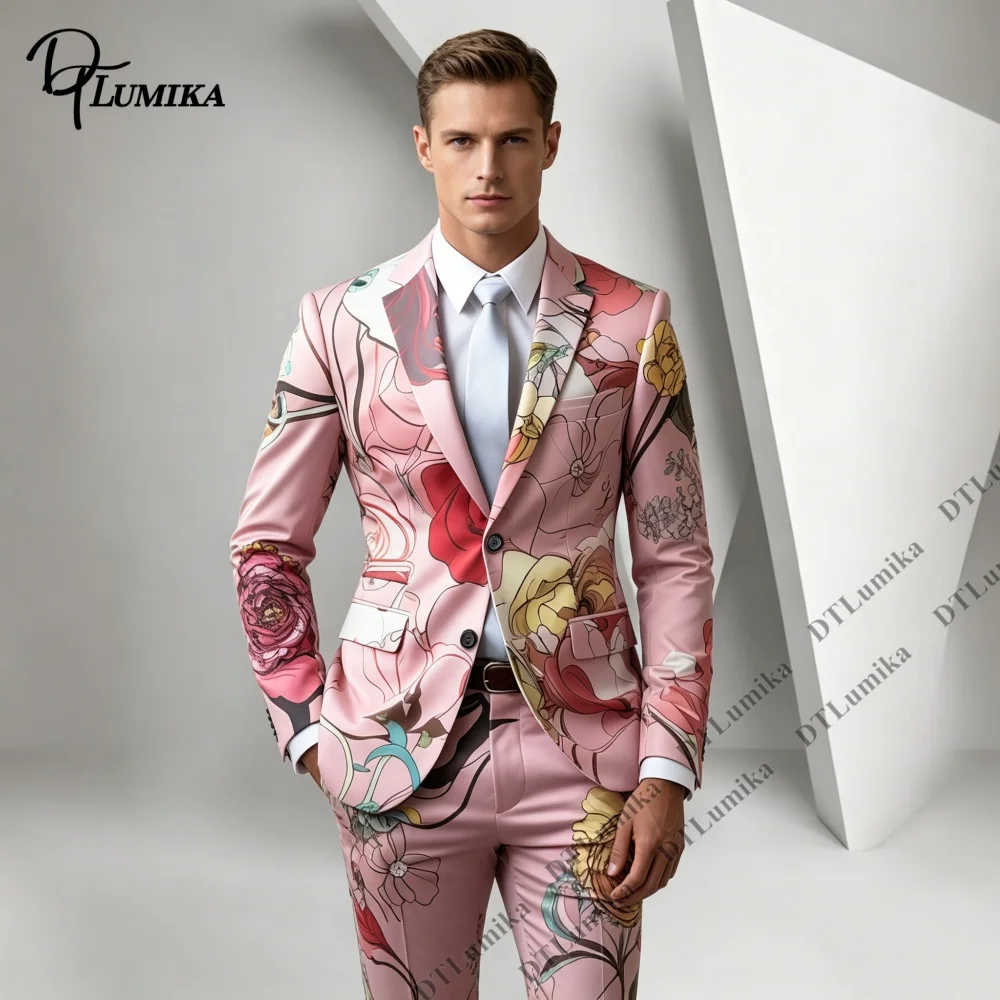 

DTLumika Pink Base Floral Print Men 2 Piece Suit Blazer Pants Set For Party Photoshoot Stage Jacket Trousers Set Party Wear
