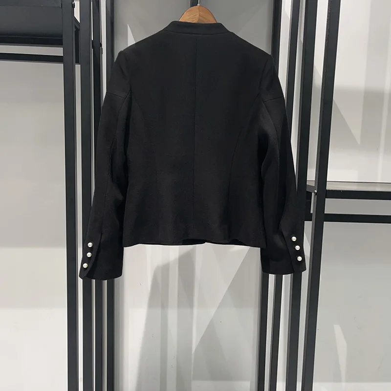 Damski czarny płaszcz ze stójką, dopasowany, z kieszeniami, nowa kurtka damska na jesień i zimę.