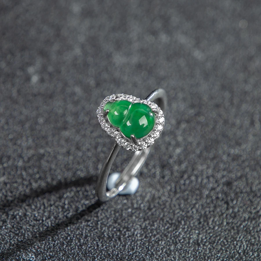 

TIMESWIND Natural A-type Jade Green Gourd Full Zircon S925 Silver Women Open Ring with Certificate