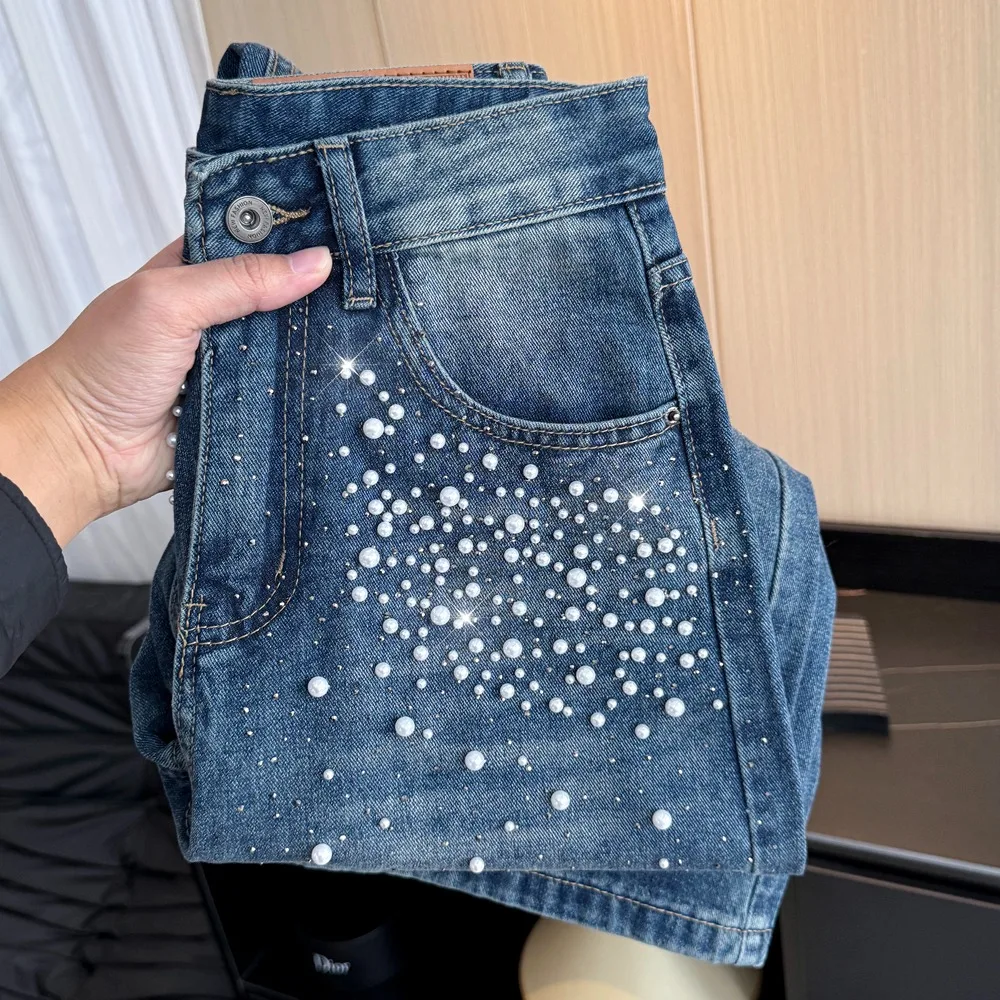

Потрясающие женские джинсы с высокой талией и прямыми штанинами, летние, синие, с жемчугом и стразами, удлиненные, широкие брюки в пол