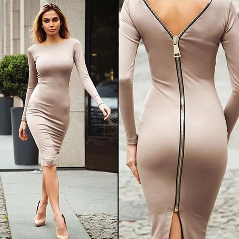 Jaro podzim sexy štíhlý midi šaty ženy celistvý barva bez zad na zip balíček boky štěrbinou šaty trend horké děvče večírek ples vestidos