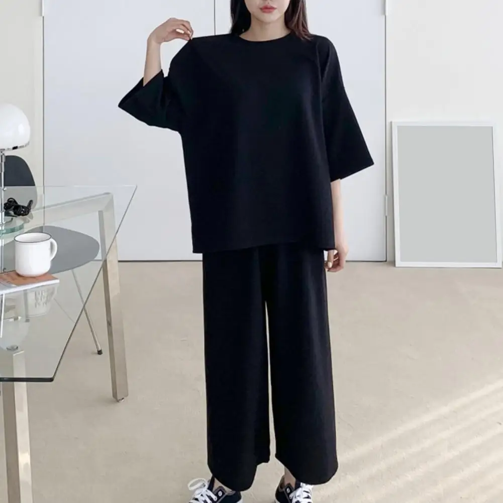 Women T-shirt Pants Set Stylish Solid Color T-shirt Pants Set for Women Lounge Wear Outfit with High Waist Wide Leg Pants O-neck