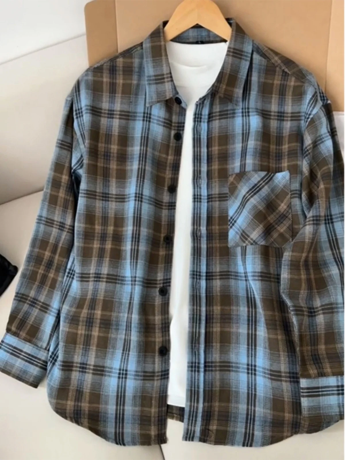 

Blue Plaid Long Sve Men's irt Spring Autumn Cleanfit Vintage American Thin Coat Flannelette Texture Casual Faion