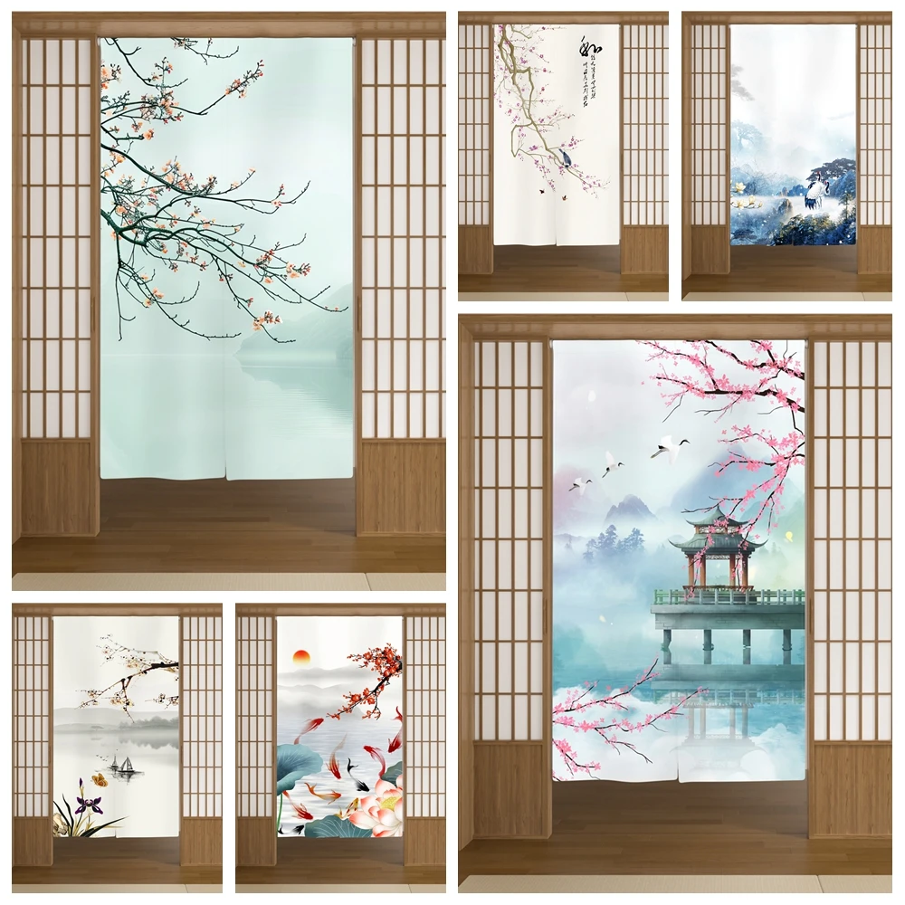 Chinese Style Door Curtain Ink Painting Flower Bird Landscape Koi Lotus Traditional Home Decor Tea Room Entrance Half-Curtains