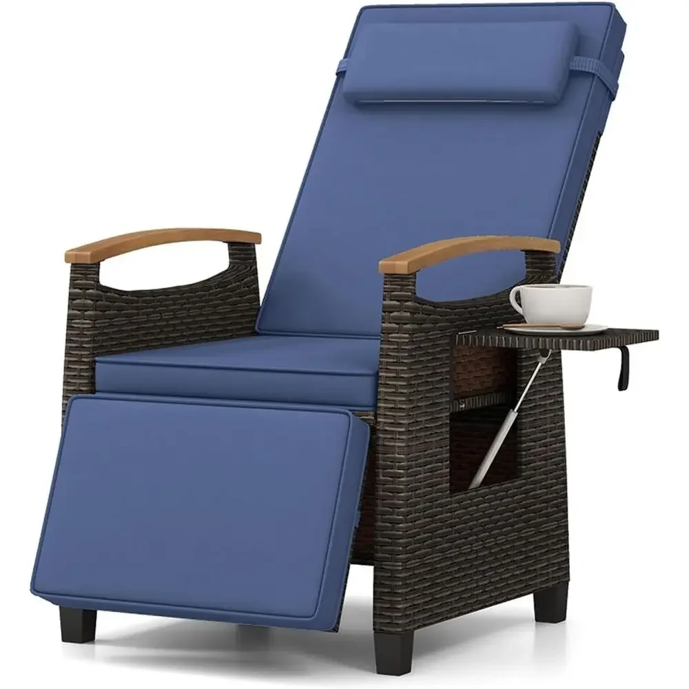 Rattan Outdoor Recliner Chair - Wicker Chaise Lounge Chair w/Adjustable Back & ootrest, Acacia Wood Armrests, lip Side Table, Cu