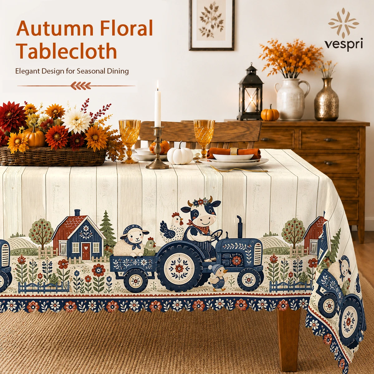 Farmhouse Tablecloth with Cow Train, Black and White Cattl for Indoor/Outdoor Camping decor, Rectangular/Round/Oval