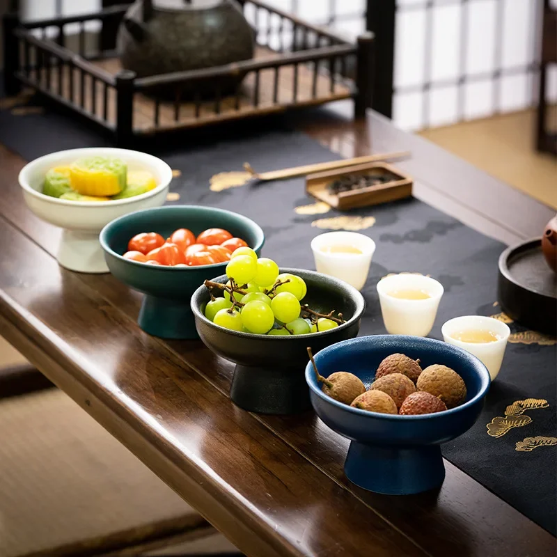 Household Refreshment Plate High Foot Fruit Plate Zen Small Plate Japanese Dessert Dried Fruit Bowl Ceramic Tray Serving Plate