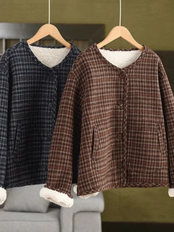 

Faionable Thiened Plaid шерстяное пальто женское зимнее внутреннее пальто Fce теплое хлопковое пальто с v-образным вырезом на подкладке