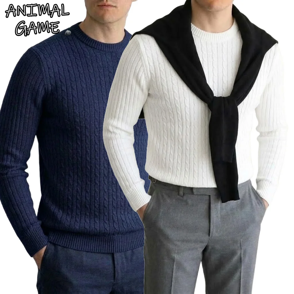 New Mens Cable Knit Sweater Long Sleeve Crewneck Pullover Winter Slim Fit Solid Color Casual Jumpers Classic Thermal Knitwear