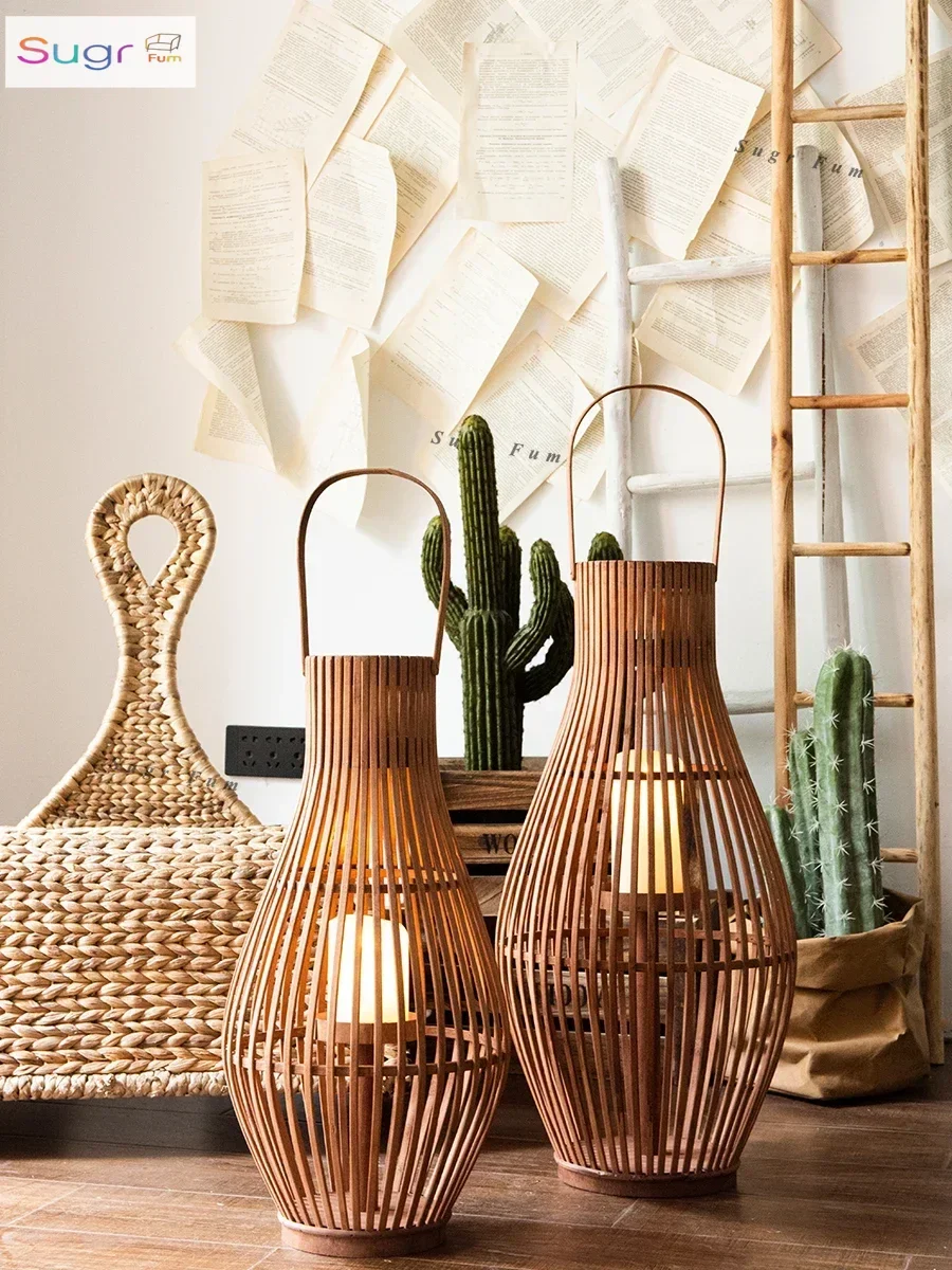 

JK Mu Space, retro floor-to-ceiling candlestick natural bamboo lantern, model room garden hall decorative ornament set