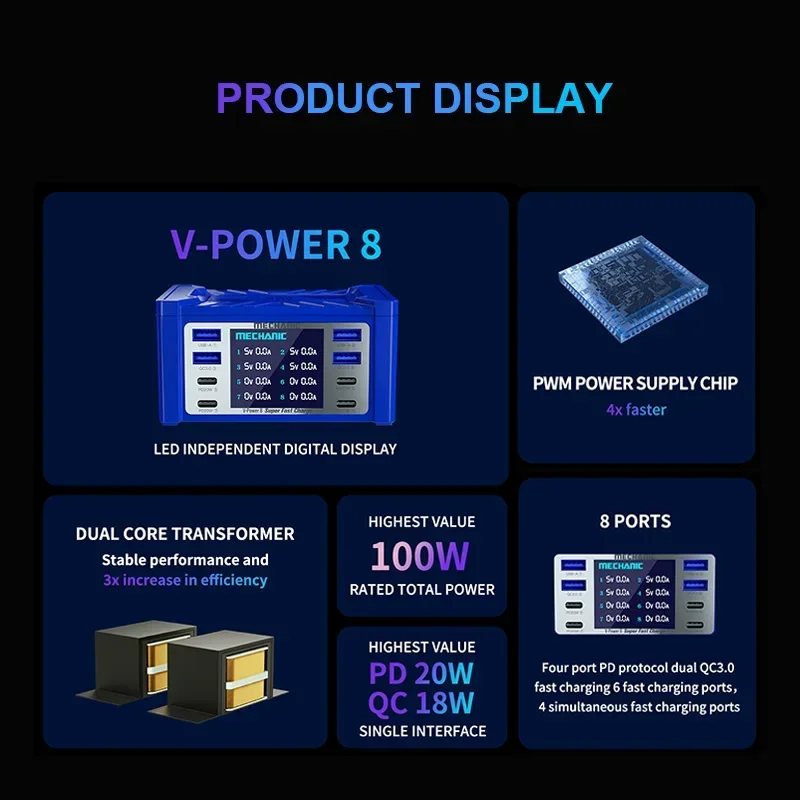 Imagem -06 - Mecânico V-power 8s 8ultra 8pro Usb Multi Porta Carregador do Telefone Móvel Tablet Carregamento Rápido Display Digital Inteligente