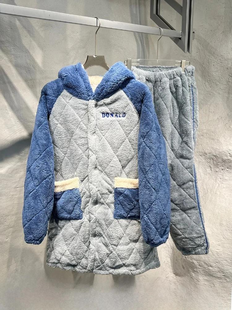 

Extra Thick Warm Three-Layer Cotton Fleece Lined Hooded Sleepwear Pants Set Home Leisure Suit for Youth Winter Casual Style