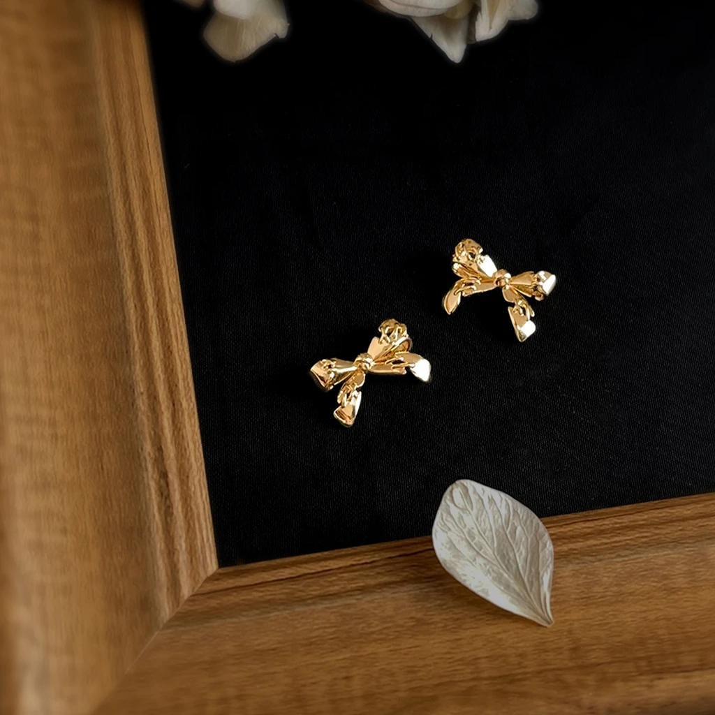 14K Gold Plated Copper Bow Stud Earrings Minimalist Solid Bowknot Ear Studs Sweet Daily Jewelry Gift For Women Girls