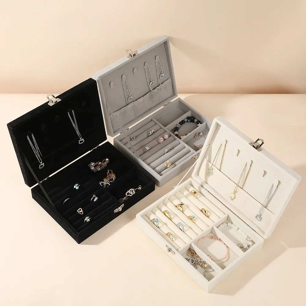 Velvet Jewelry Box with Lock Ring Necklace Earring Organizer Storage Case Portable Jewelry Display Gift Box