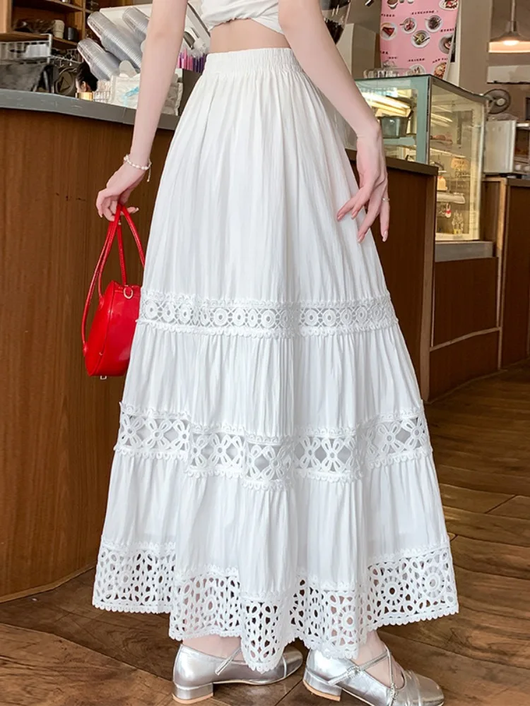 

n Lace Hollow out Splicing Women's Summer Vaion Unique A-Line Cake Umbrella Skirt f-length with High Waist