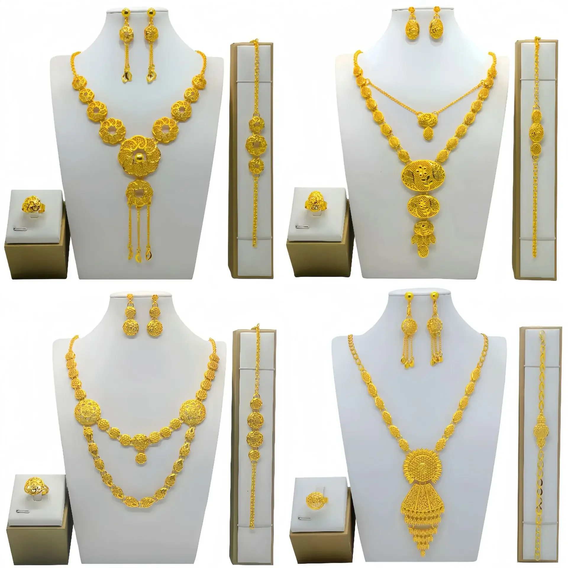 Conjunto de joyería de lujo para mujer, pulsera africana, pendientes, collar, anillo, diseño de flores de Dubai, Color dorado de 24 quilates, 4 piezas