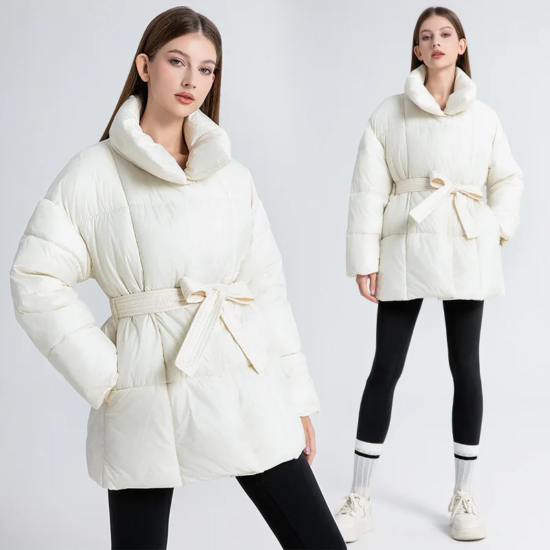 Women New Chinese Style Tie Waist Black Slim Fit Padded Coat, Elegant Oriental Winter Jacket for Petite