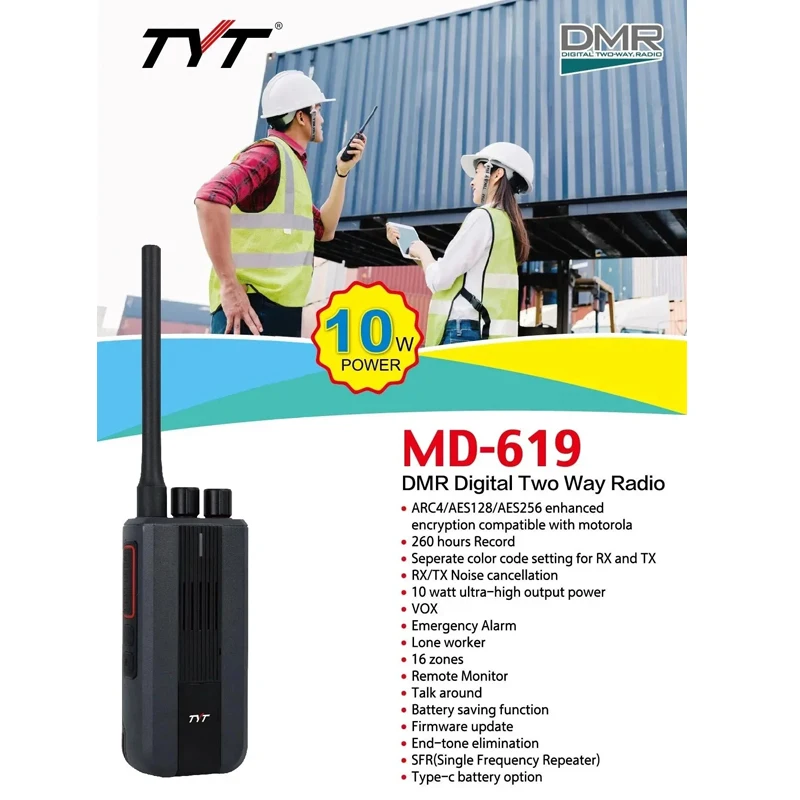 DHL Free Shipping 10pcs Original TYT MD-619 UHF 400-480MHz 10W AES128 AES256 DMR Digital Walkie Talkie