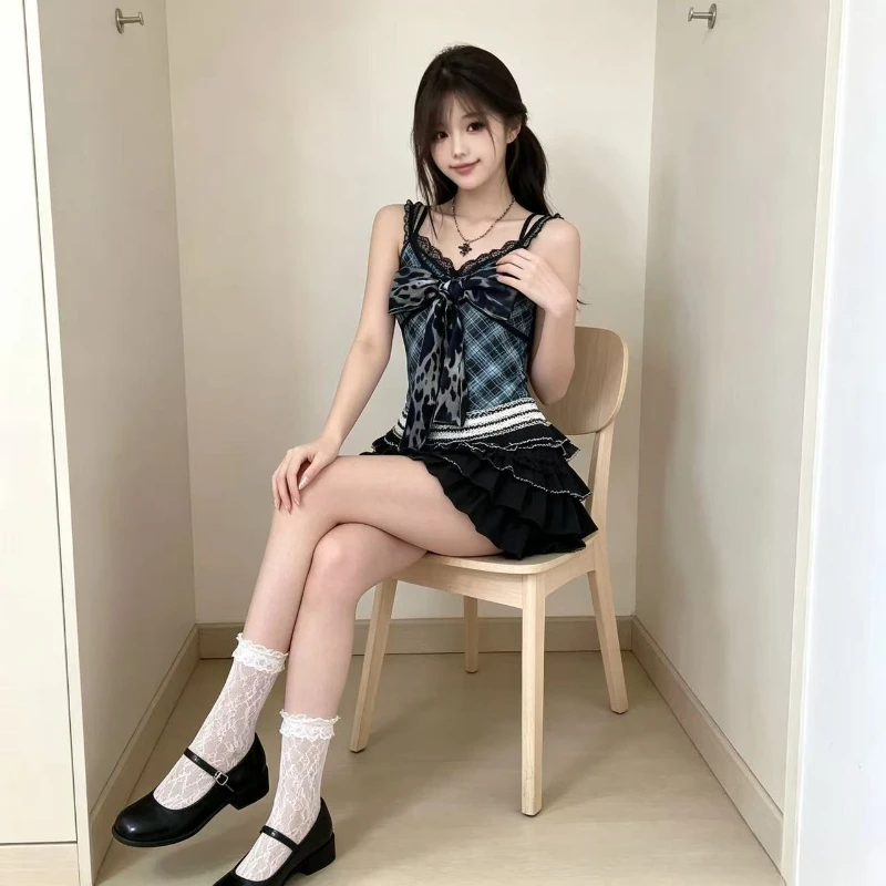 Vintage Elegant Lolita Style Camis Women Lace Patchwork Plaid V Neck Slim Tank Y2K Grunge Gothic Sleeveless Camisole Streetwear