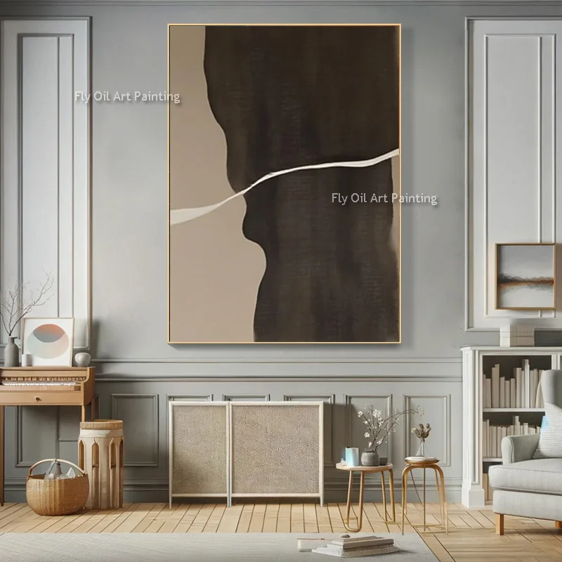 New Minimalism Style Wall Art Hand Drawn Brown Beige Abstract Oil Painting Popular Design Purple Grey Canvas Artwork For Decor