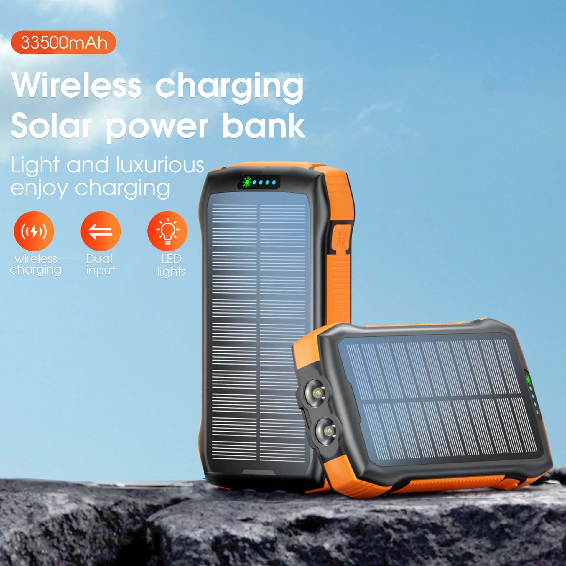 33500mAh Solar Power Bank Mobile Phone Chargers Powerbank for iPhone Wireless Charger PD 20W External Battery Quick Charger