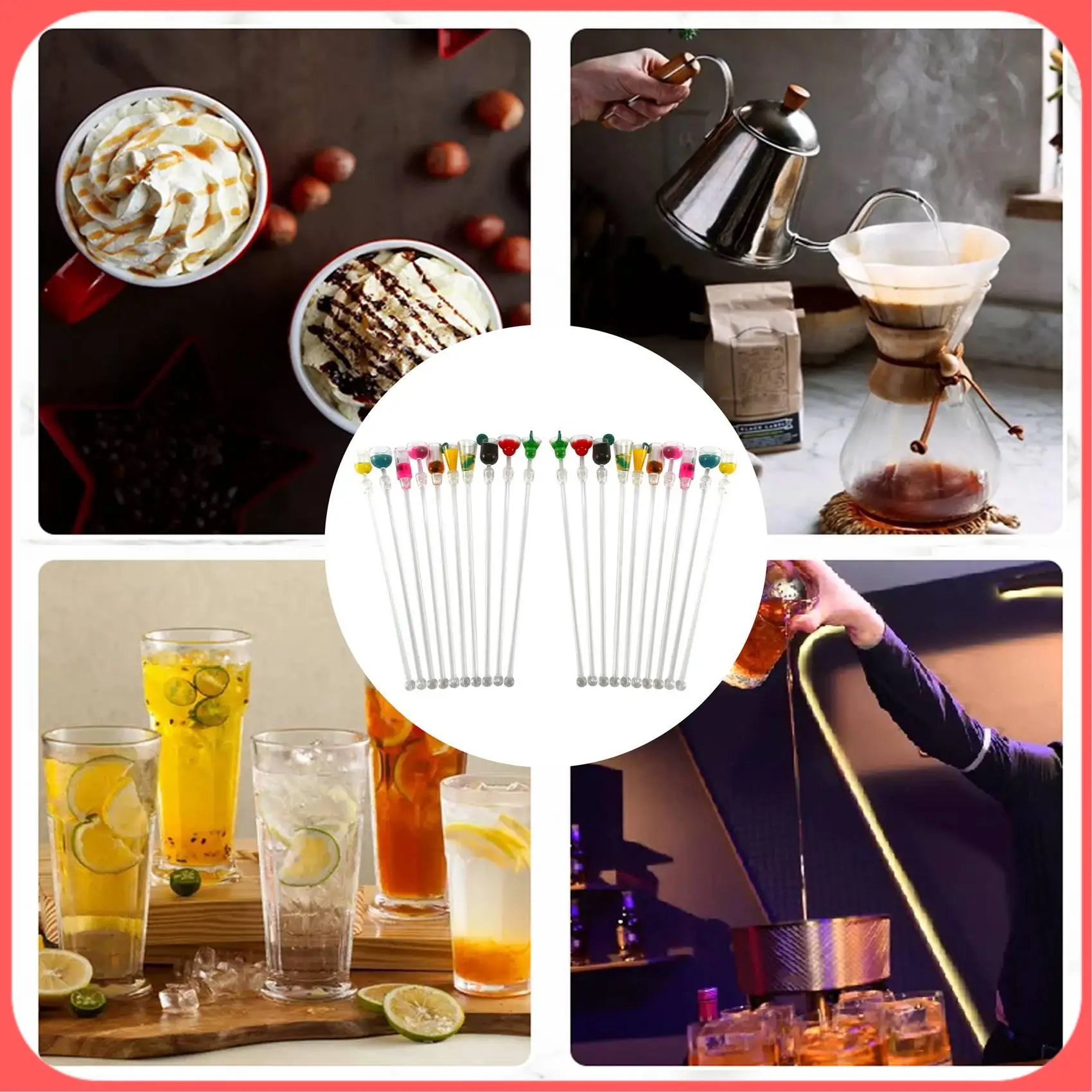 Agitadores de bebidas tropicales de A76I-20Pcs, agitadores de bebidas para cócteles, barra mezcladora de 9 pulgadas con patrones de copa de vino, agitadores de ginebra reutilizables