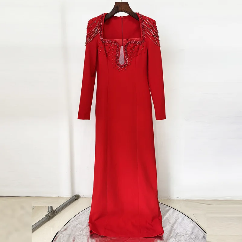 In Stock Celebrity 2025 New European and American Fashion Heavy Beaded Rhinestone Slim Fit Long Dress