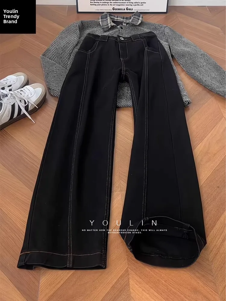 

Bla Fce Lined Wide Leg Men's Jeans Slanted Cut Cleanfit Straight Loose Workwear Trousers High Waist Zipper Closure Casual