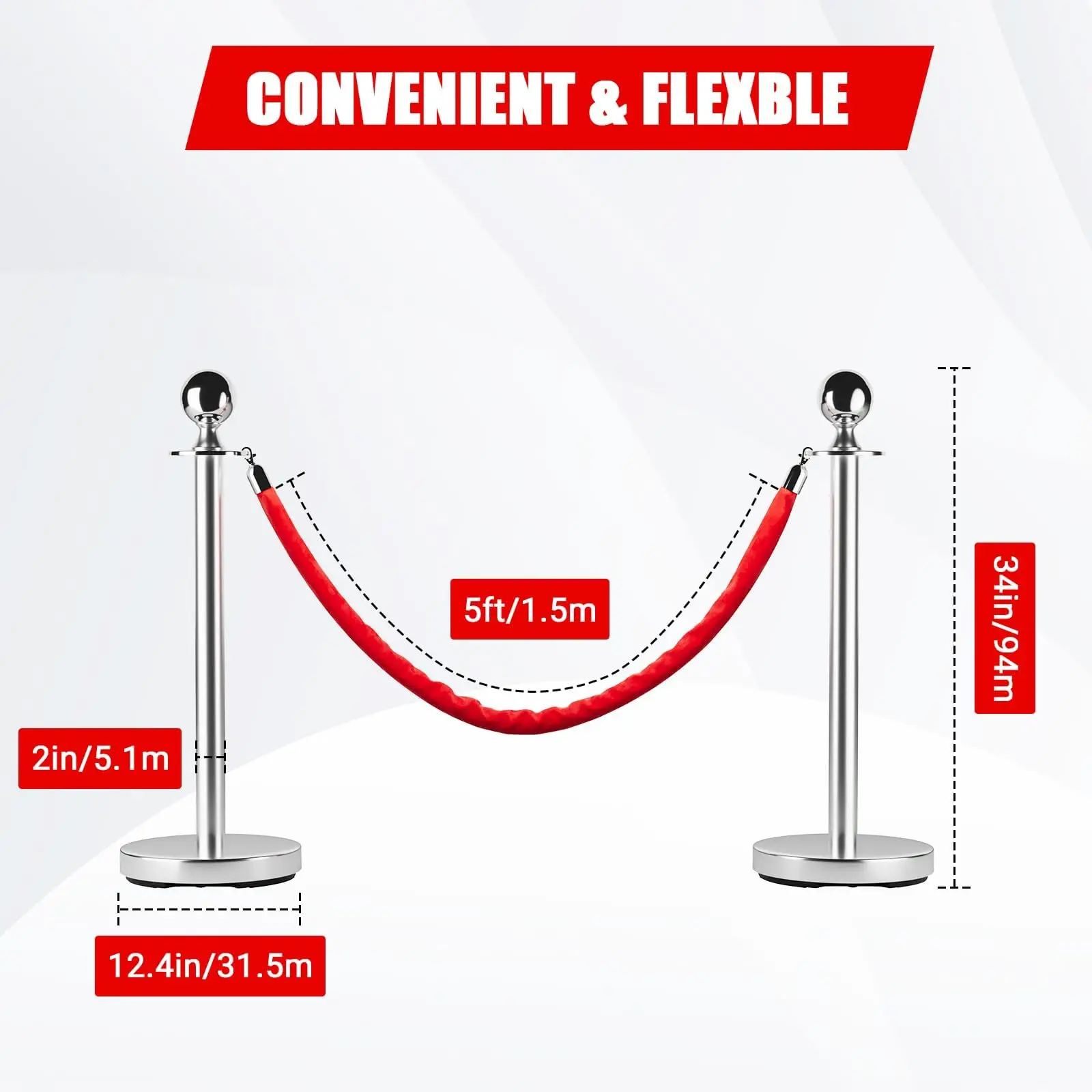 4/6/8PCS Crowd Control Stanchion, Stainless Steel Stanchion Post With 5ft Red Velvet Rope For Theater Hotel Club Party