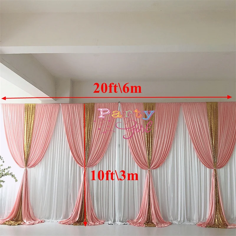 White Color Ice Silk Wedding Backdrop Curtain With Blush Sequin Swag Drapery Stage Background Event Party Decora