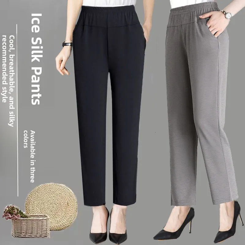 

Mom's Summer Thin Casual Ice Silk Nine-Piece Pants Loose Straight Leg Trousers for Middle-Aged And Elderly Women High Waist
