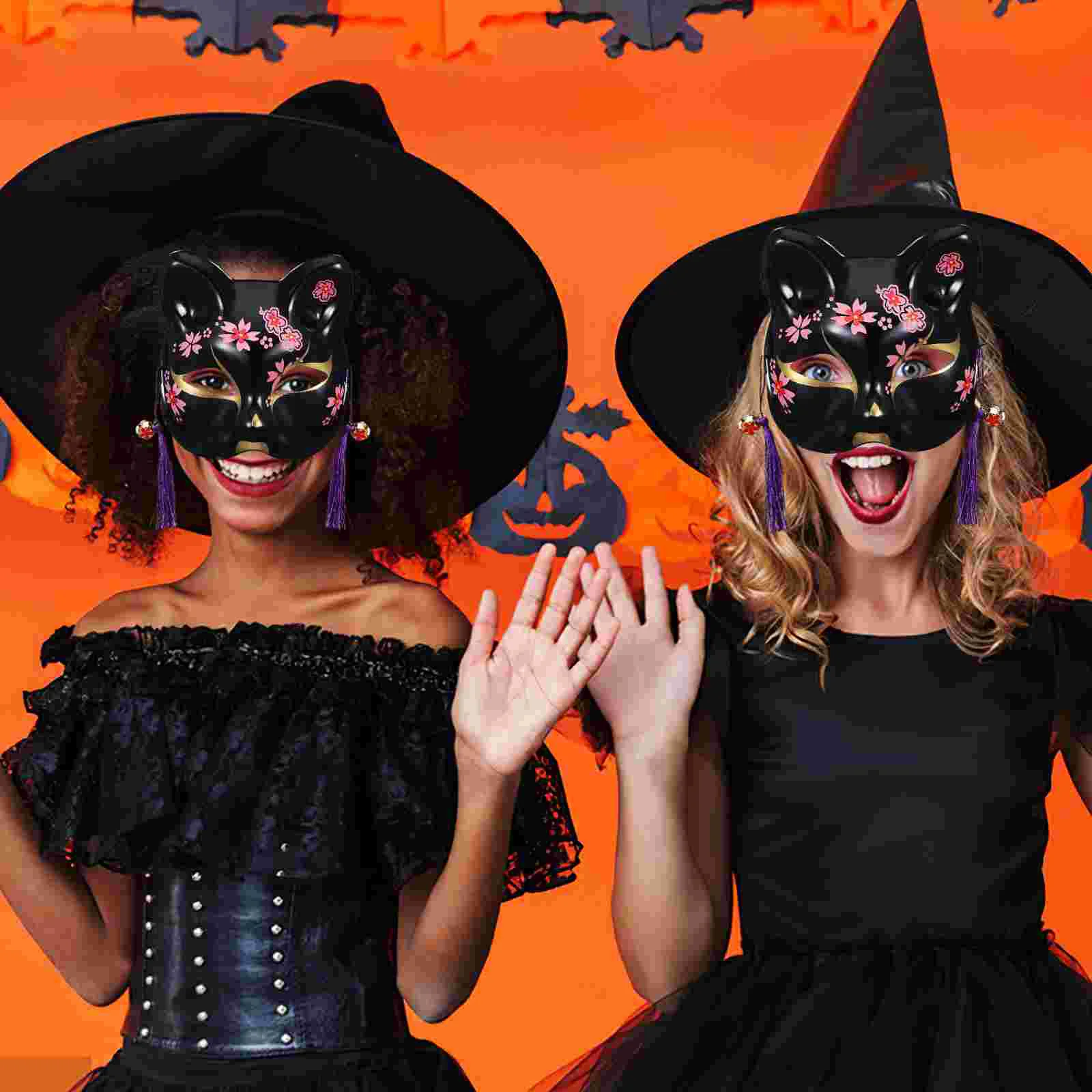 2 Pcs Black Sakura Cat 2-piece Set Halloween Mask Masquerade Masks Fox Party Plastic Women Man Ball